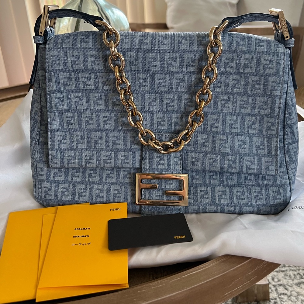 FENDI Zucchino Gorgeous Mama Baguette
Celeste Blue Gold Hardware